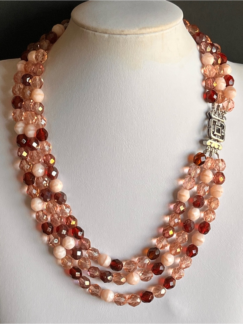 Three-Strand Pink and Wine Beaded Glass Necklace, EUC